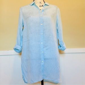 J JILL LOVE LINEN- petit medium- light blue, button up tunic, blouse, shirt